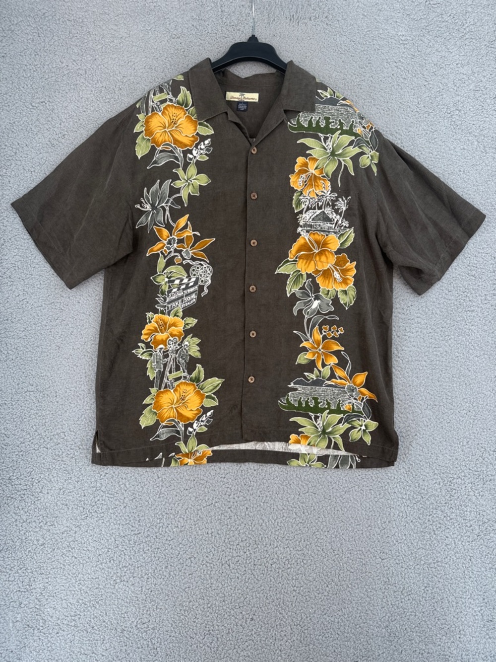 Tommy Bahama Men’s Large Brown Short-Sleeve Camp Shirt Floral Print 100% Silk